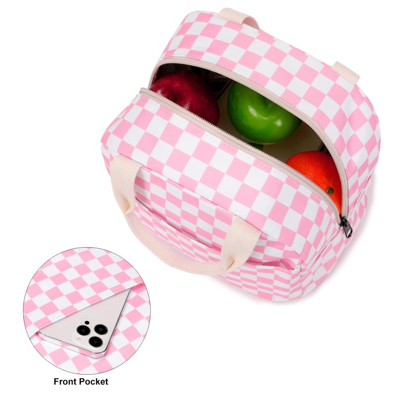 Dezcrab Checkered Lunch Bag for Girls Women  Cute Insulated Leakproof Lunch Box Container Reusable Cooler Lunch Tote Bag for Teens Kids Adults School Travel Picnic (Pink) - Image 3